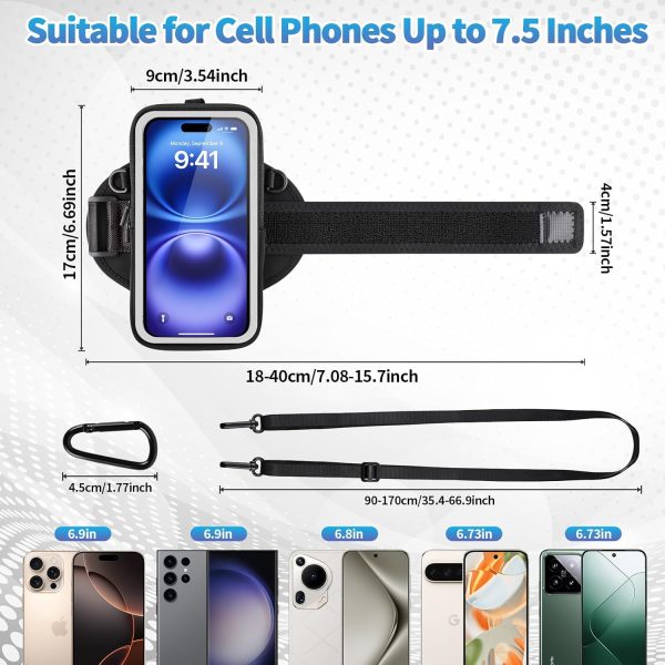 Running Phone Holder, Cell Phone Armband, Clear Crossbody Phone Pouch Purse with Adjustable Strap, Arm Bag with Carabiner, Fits iPhone 16/15/14 Pro Max & Galaxy S25 S24 S23[Up to 7.0 inch]