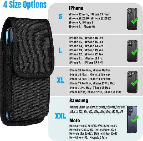 Cell Phone Pouch Nylon Belt Holster Case Compatible with iPhone 16 15 14 13 12 11 & Pro Models, XR, Samsung Galaxy S20 S21 S22 S23 S24 S25, Black–L