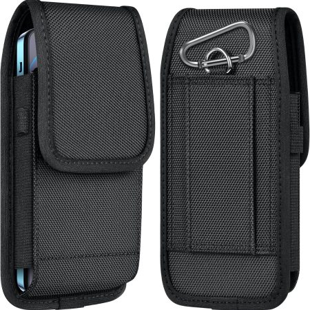 Cell Phone Pouch Nylon Belt Holster Case Compatible with iPhone 16 15 14 13 12 11 & Pro Models, XR, Samsung Galaxy S20 S21 S22 S23 S24 S25, Black–L