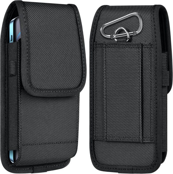 Cell Phone Pouch Nylon Belt Holster Case Compatible with iPhone 16 15 14 13 12 11 & Pro Models, XR, Samsung Galaxy S20 S21 S22 S23 S24 S25, Black–L